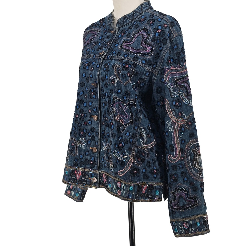Chicos Heavily Beaded Denim Jacket L Blue Art to Wear Bohemian Paisley Artsy - Picture 2 of 12